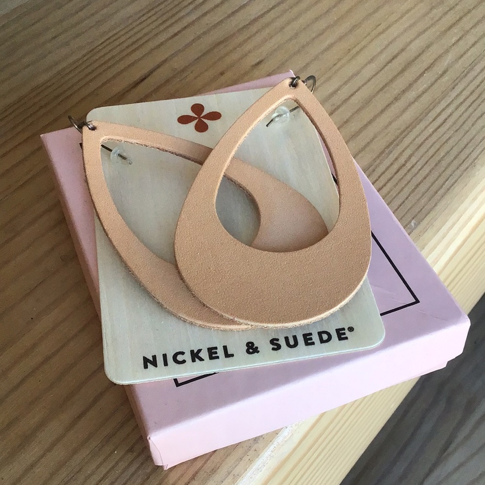 New Leather Cutout London Tan Tear Drop Nickel & Suede Earrings